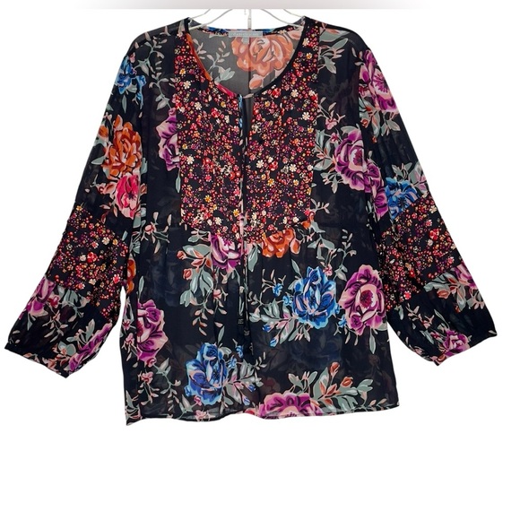 Daniel Rainn XXL Black Floral Boho Peasant Blouse Sheer Long Sleeve Tassel Tie - Picture 1 of 11